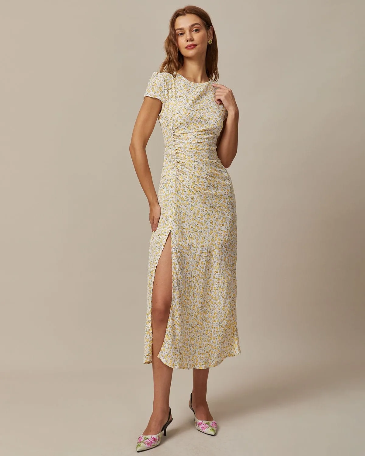 The Yellow Round Neck Floral Midi Dress sold by rihoas product image thumbnail 3