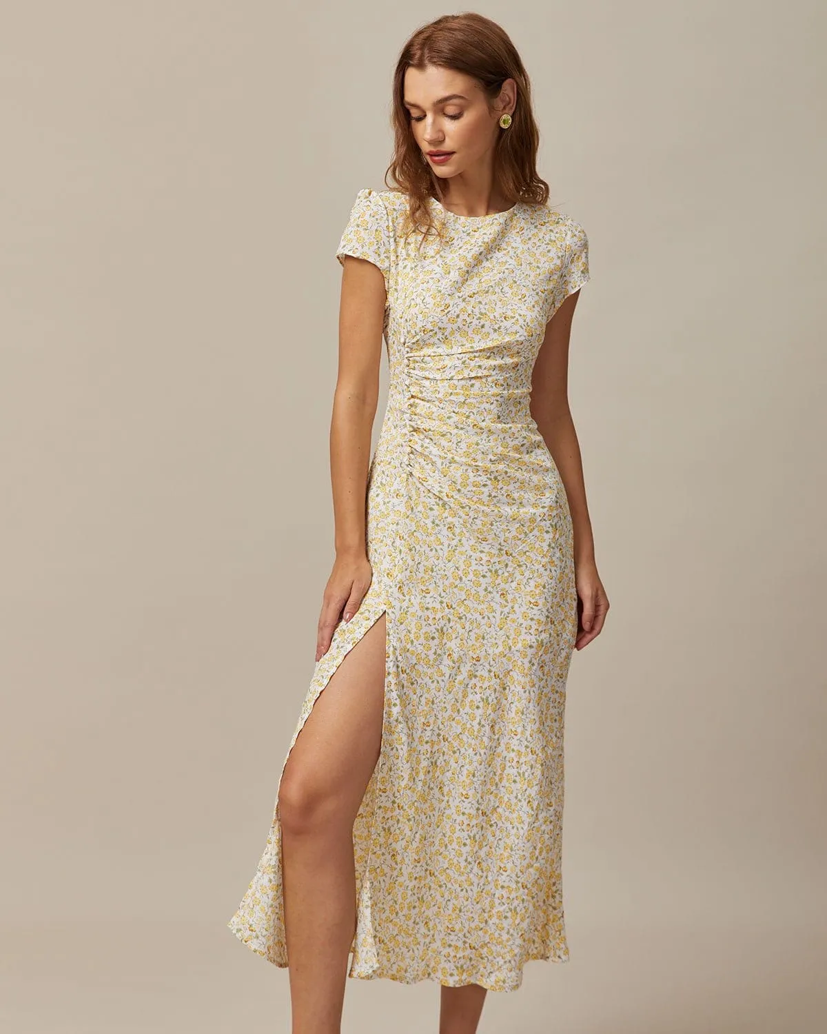 The Yellow Round Neck Floral Midi Dress sold by rihoas product image thumbnail 4