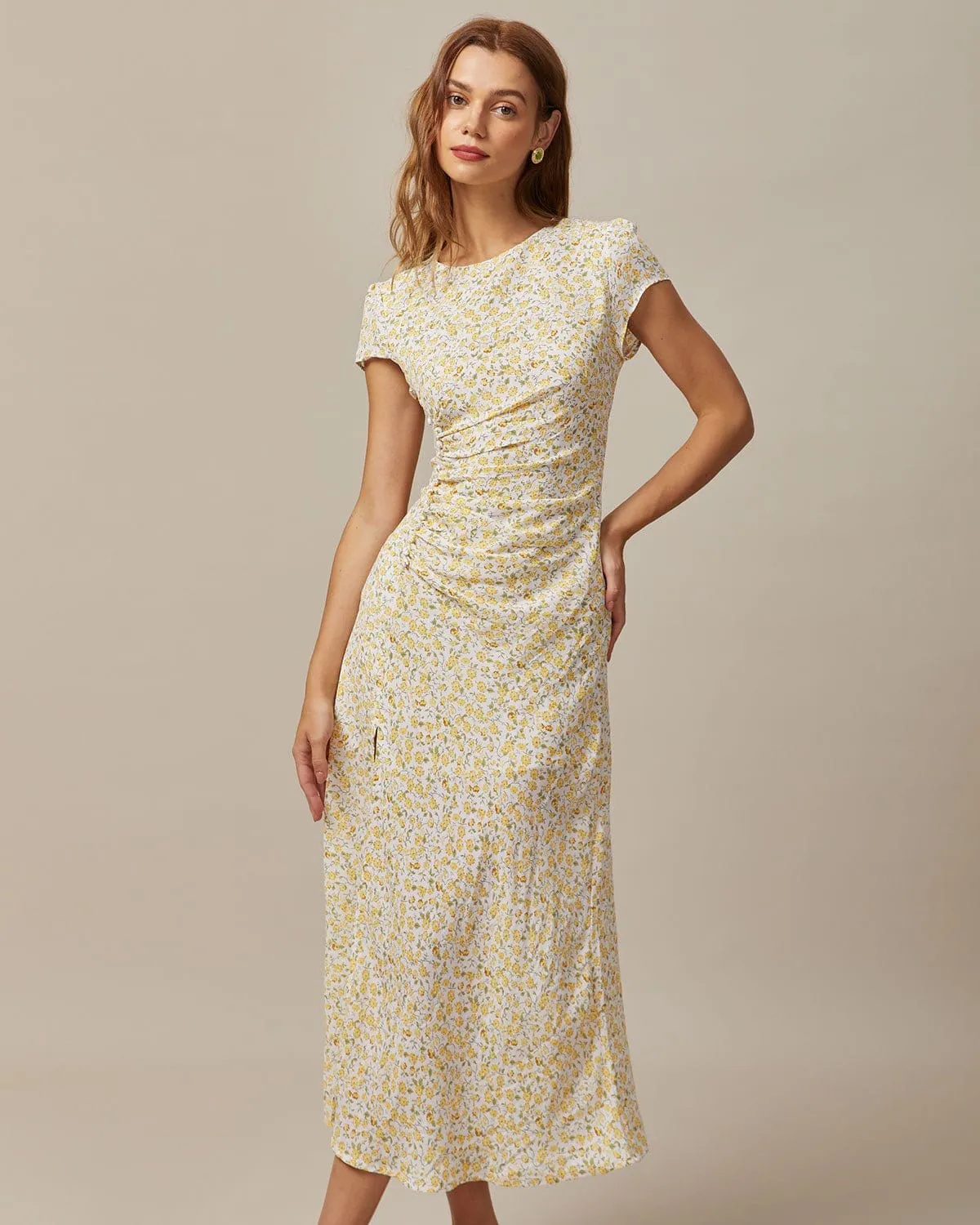 The Yellow Round Neck Floral Midi Dress sold by rihoas