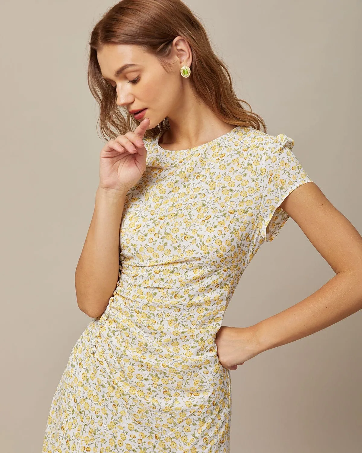 The Yellow Round Neck Floral Midi Dress sold by rihoas product image thumbnail 2
