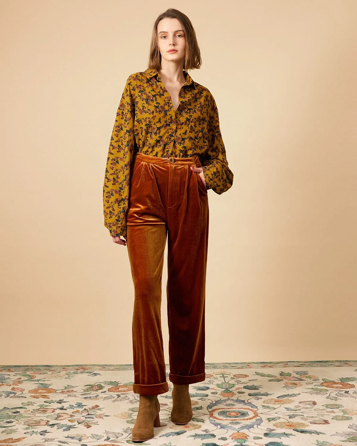 The Solid Pleated High Waisted Velvet Pants sold by rihoas product image thumbnail 3