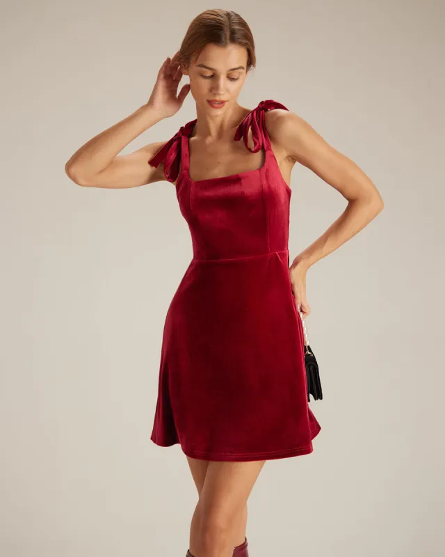 The Red Tie Shoulder Velvet A-Line Mini Dress sold by rihoas