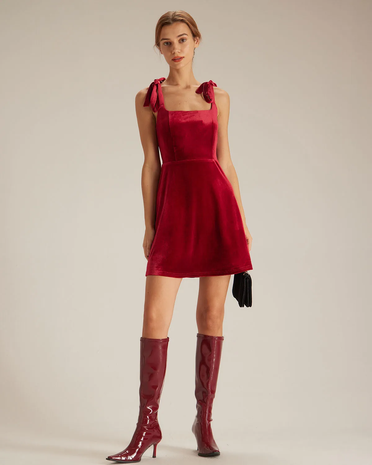 The Red Tie Shoulder Velvet A-Line Mini Dress sold by rihoas product image thumbnail 4