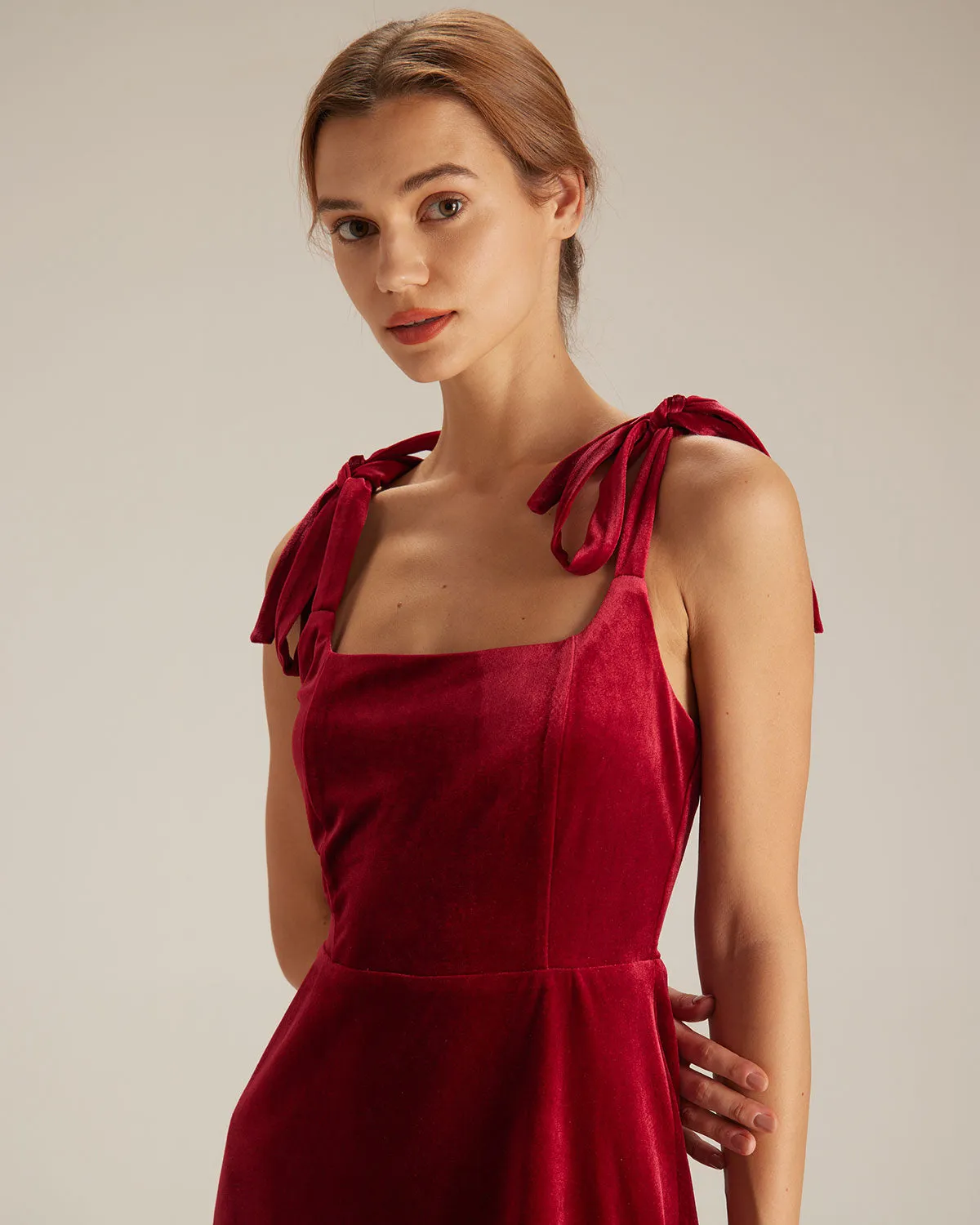 The Red Tie Shoulder Velvet A-Line Mini Dress sold by rihoas product image thumbnail 3