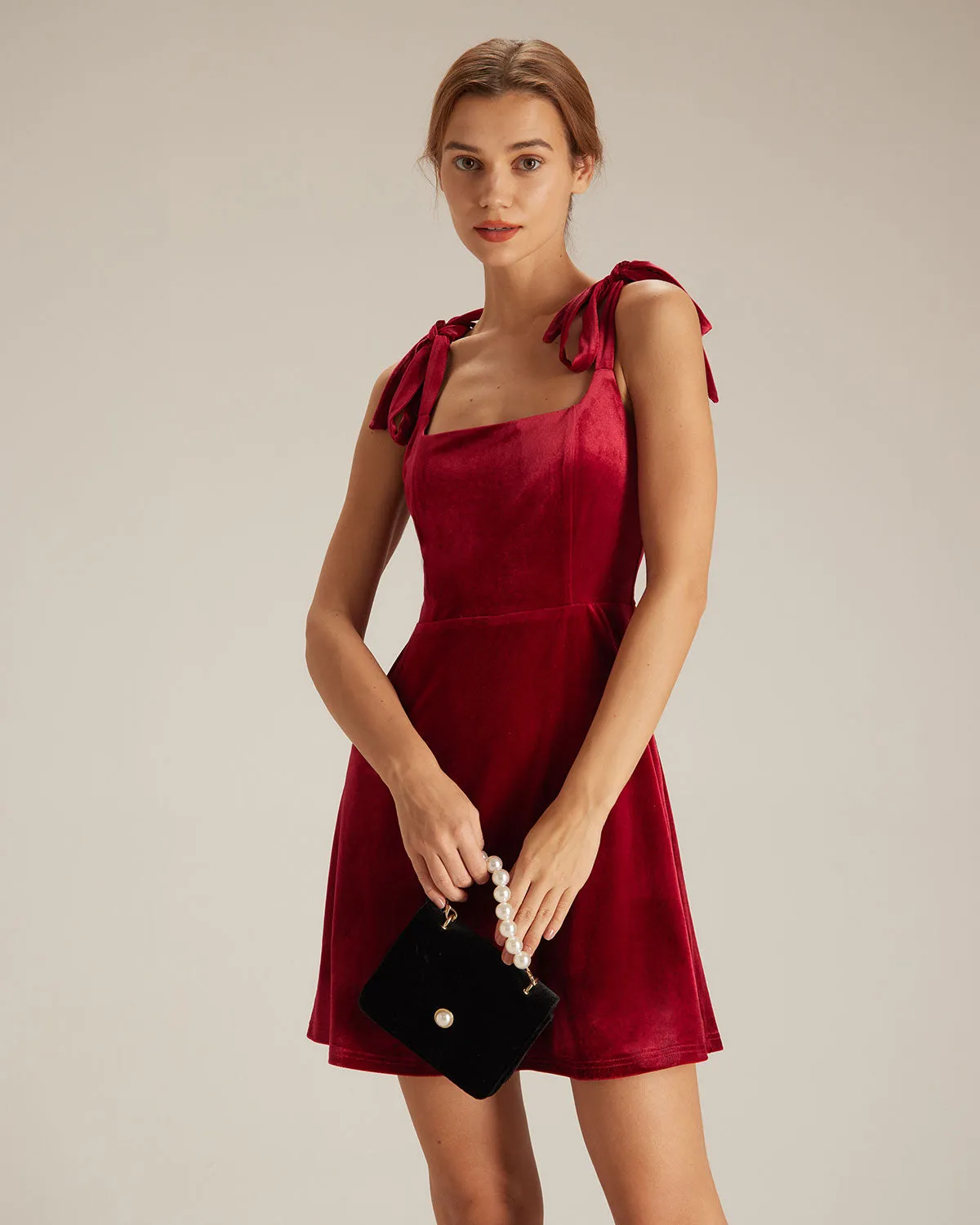 The Red Tie Shoulder Velvet A-Line Mini Dress sold by rihoas product image thumbnail 2
