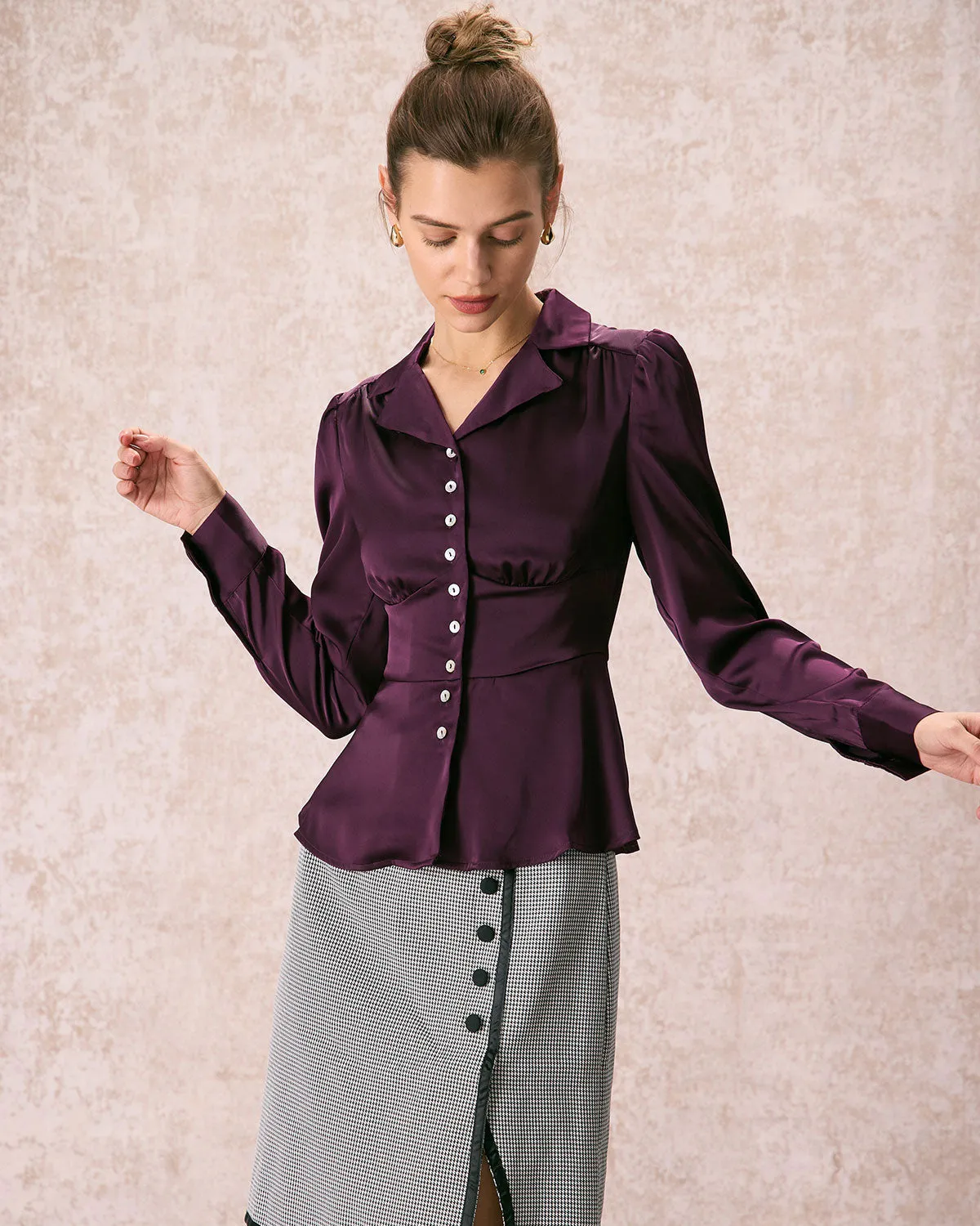 The Wine Red Lapel Puff Sleeve Satin Blouse sold by rihoas product image thumbnail 5