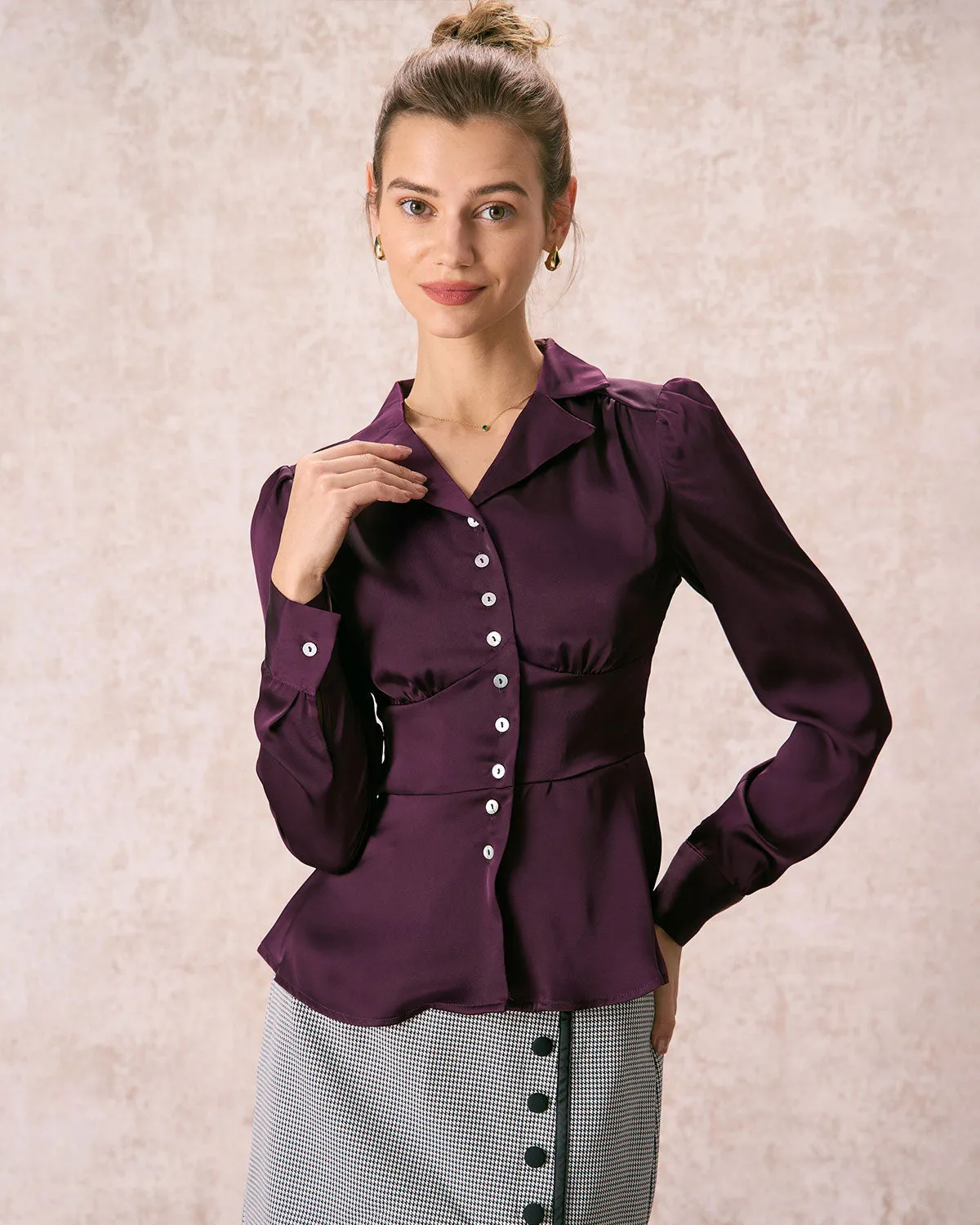 The Wine Red Lapel Puff Sleeve Satin Blouse sold by rihoas
