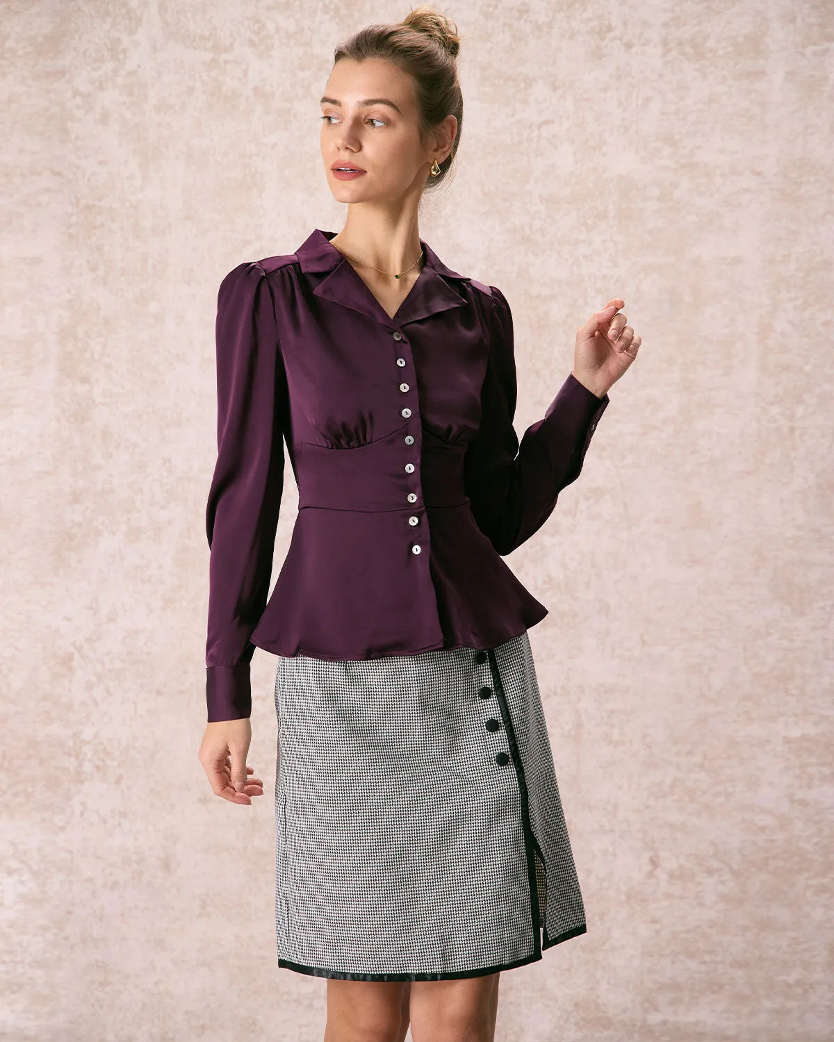 The Wine Red Lapel Puff Sleeve Satin Blouse sold by rihoas product image thumbnail 4