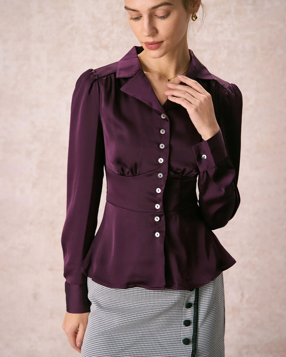 The Wine Red Lapel Puff Sleeve Satin Blouse sold by rihoas product image thumbnail 2