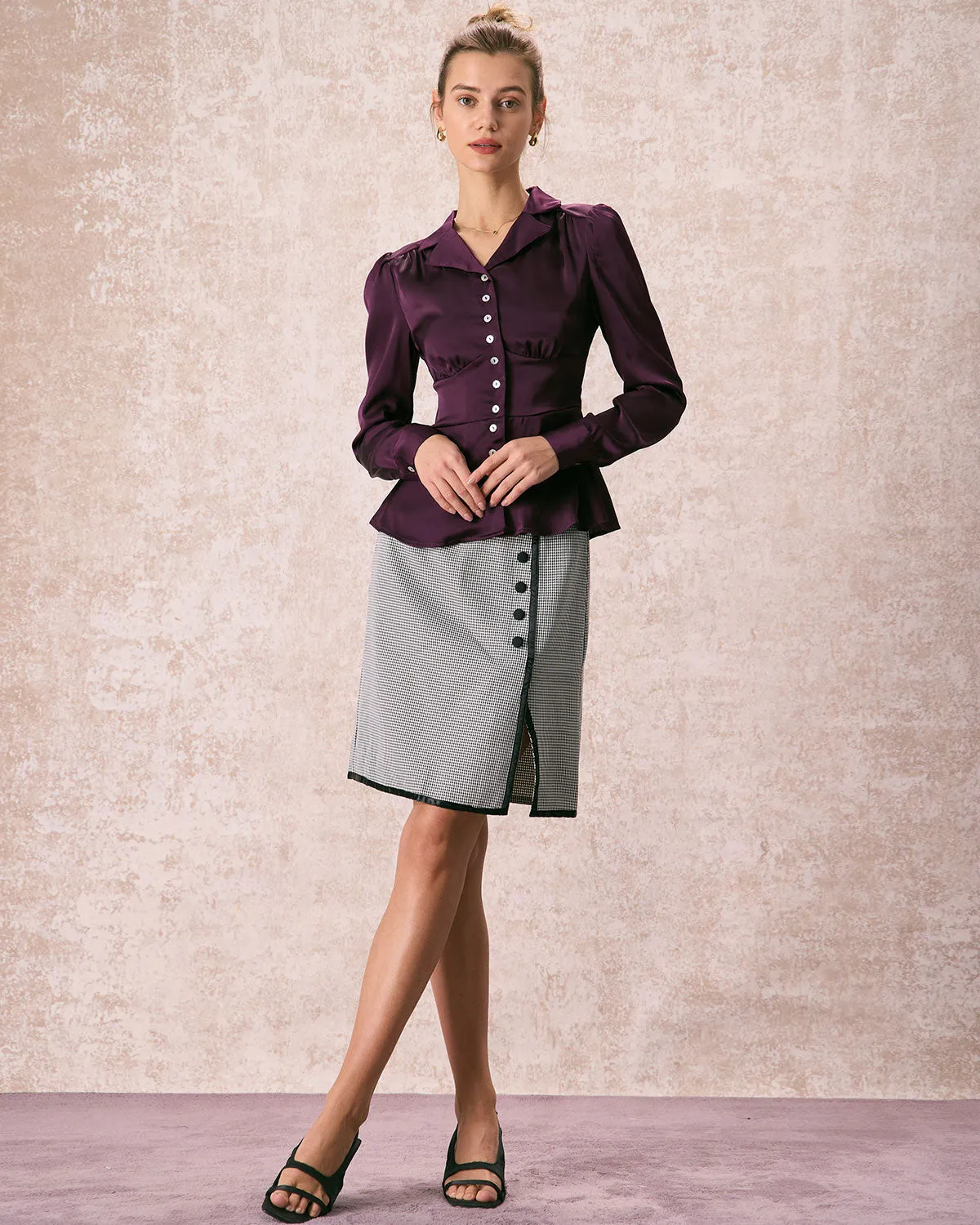 The Wine Red Lapel Puff Sleeve Satin Blouse sold by rihoas product image thumbnail 3