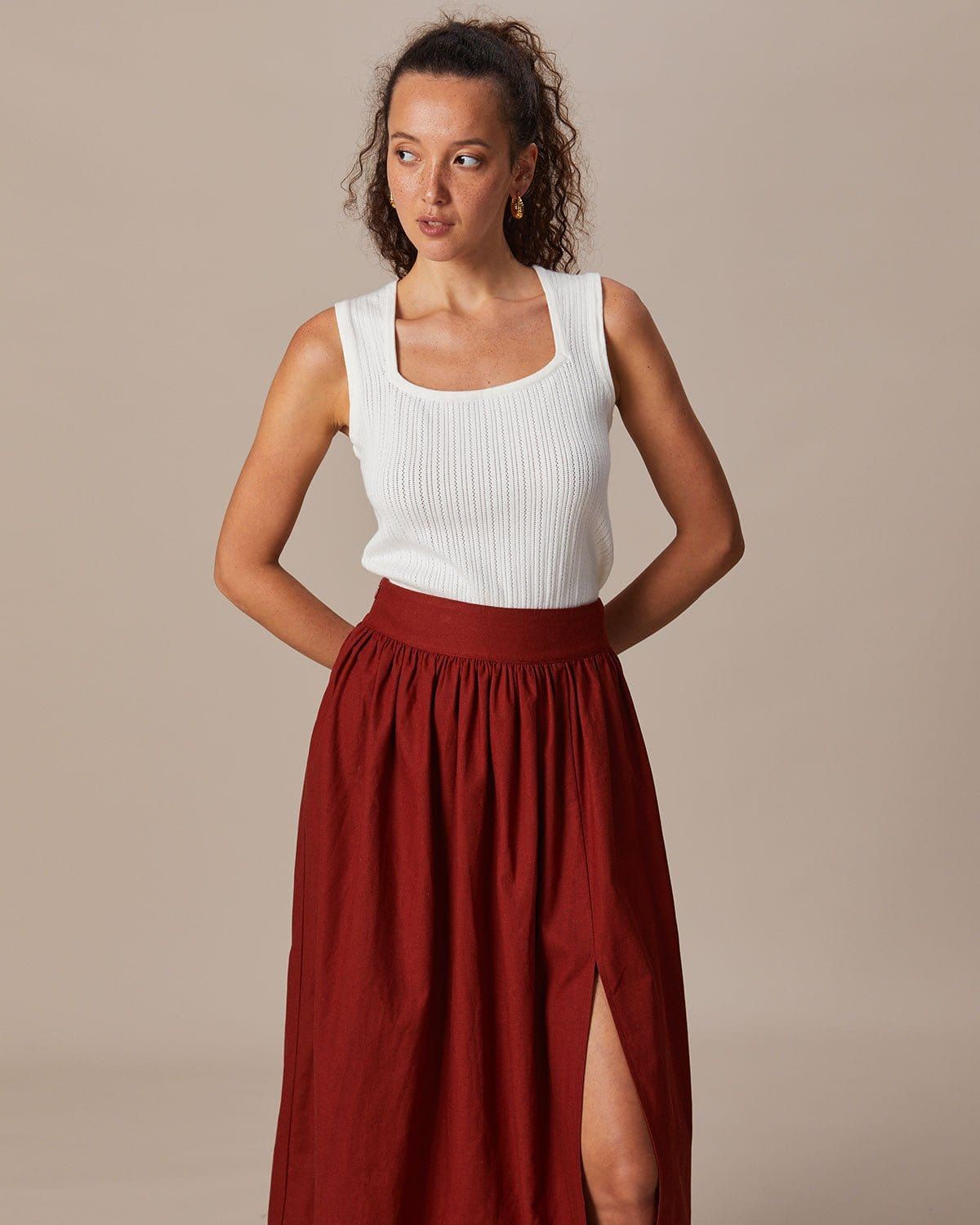 The White Square Neck Pointelle Knit Tank Top sold by rihoas product image thumbnail 3