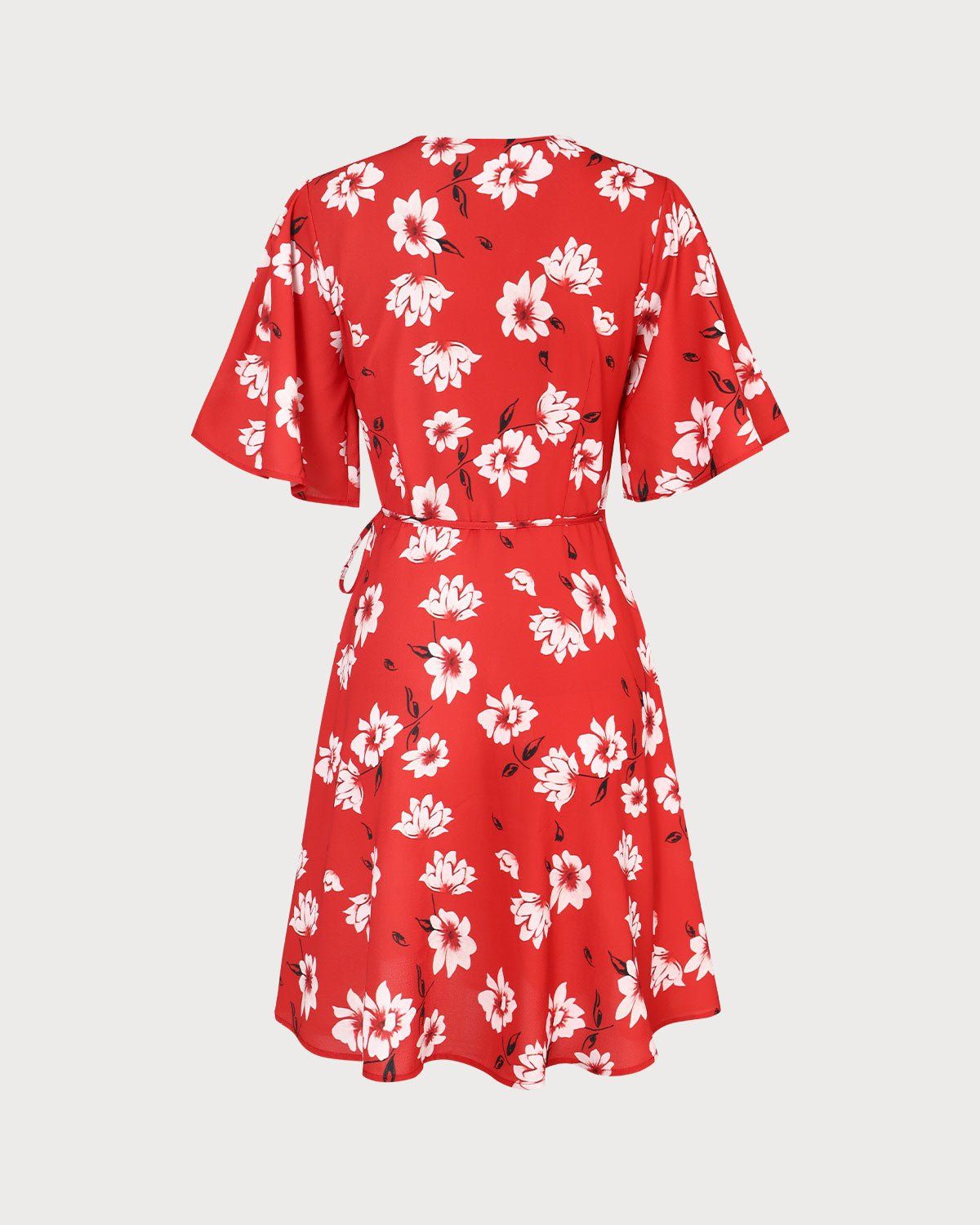 The Red V Neck Floral Wrap Mini Dress sold by rihoas product image thumbnail 3