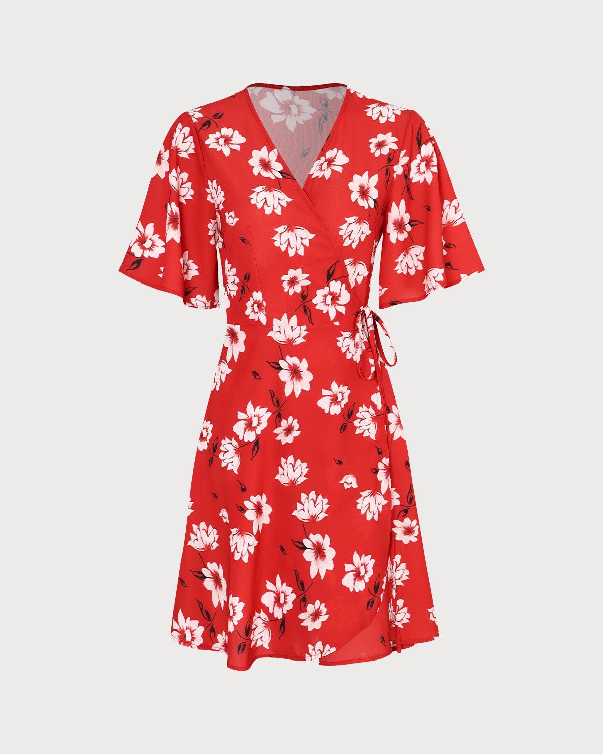 The Red V Neck Floral Wrap Mini Dress sold by rihoas