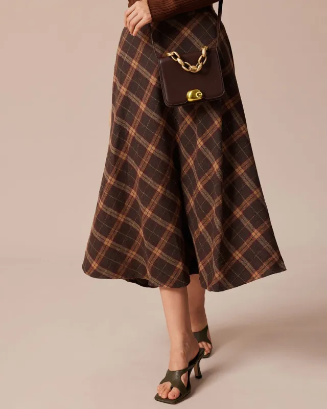 The Brown Elastic Waist Plaid A-Line Midi Skirt made by rihoas