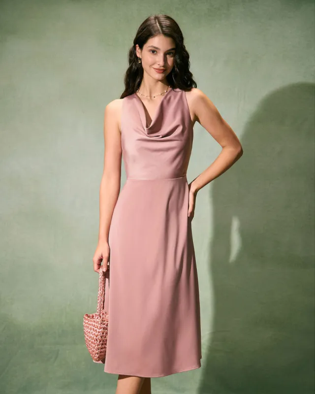 The Pink Cowl Neck Sleeveless Satin Midi Dress sold by rihoas