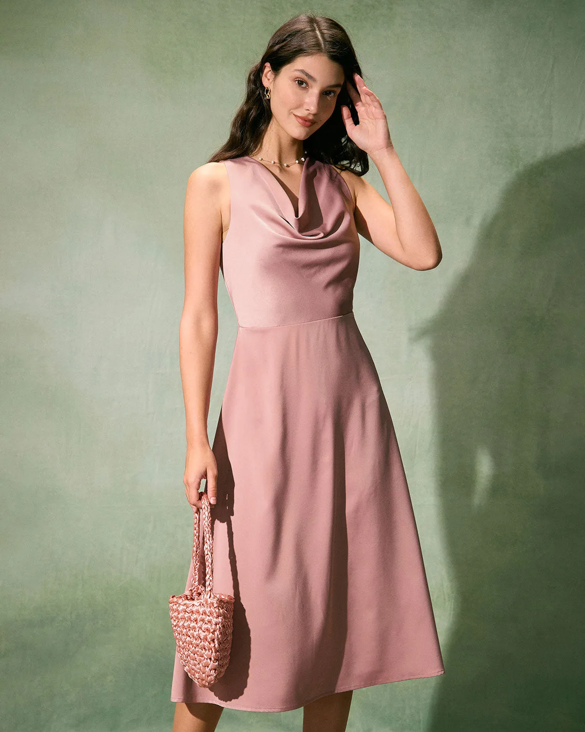 The Pink Cowl Neck Sleeveless Satin Midi Dress sold by rihoas product image thumbnail 3