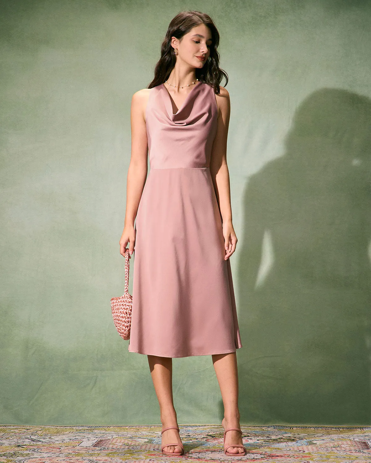 The Pink Cowl Neck Sleeveless Satin Midi Dress sold by rihoas product image thumbnail 4