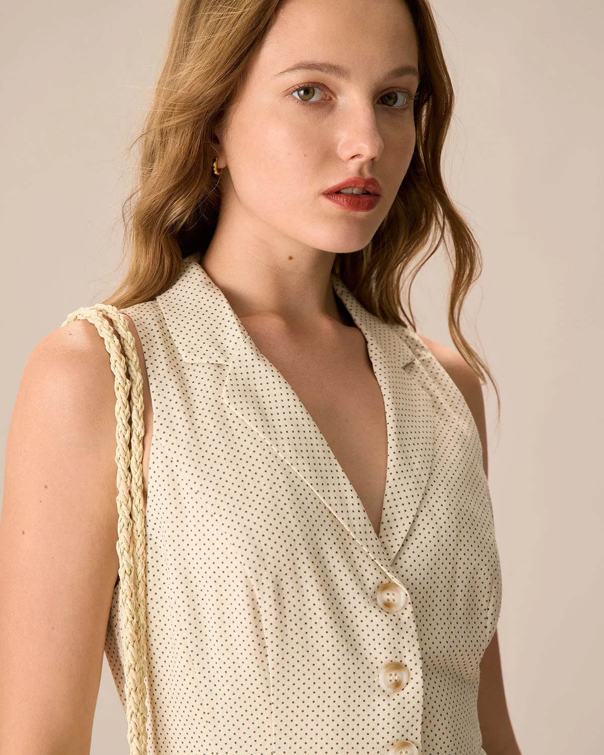 Women's Apricot Lapel Polka Dot Linen Mini Dress sold by rihoas product image thumbnail 2