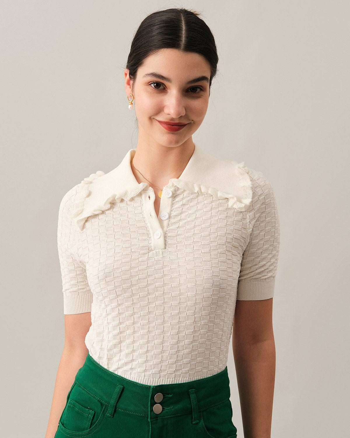 The Frill Trim Lapel Textured Knit Top sold by rihoas