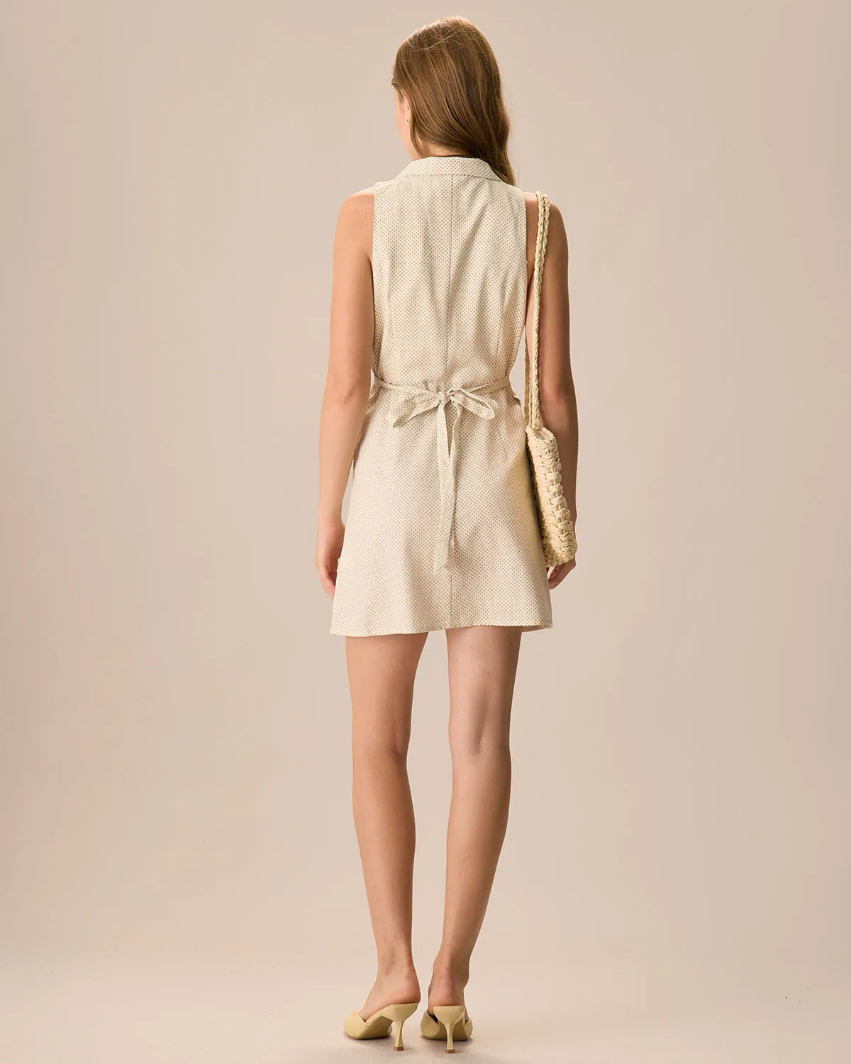 Women's Apricot Lapel Polka Dot Linen Mini Dress sold by rihoas product image thumbnail 4