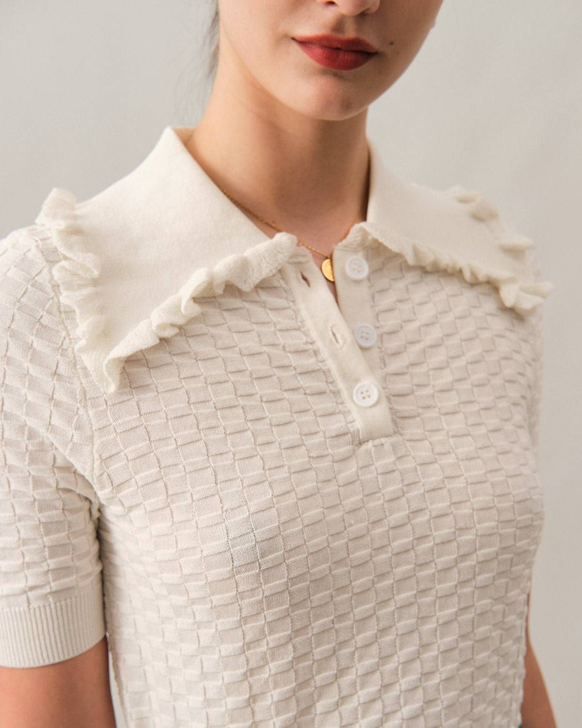 The Frill Trim Lapel Textured Knit Top sold by rihoas product image thumbnail 2