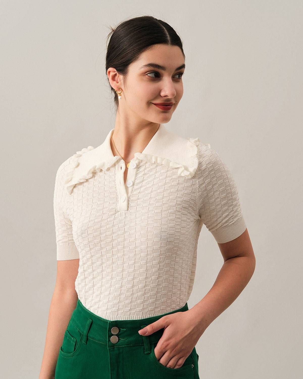 The Frill Trim Lapel Textured Knit Top sold by rihoas product image thumbnail 4
