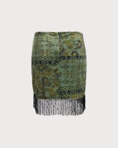The Green High Waisted Fringe Ruched Mini Skirt sold by rihoas