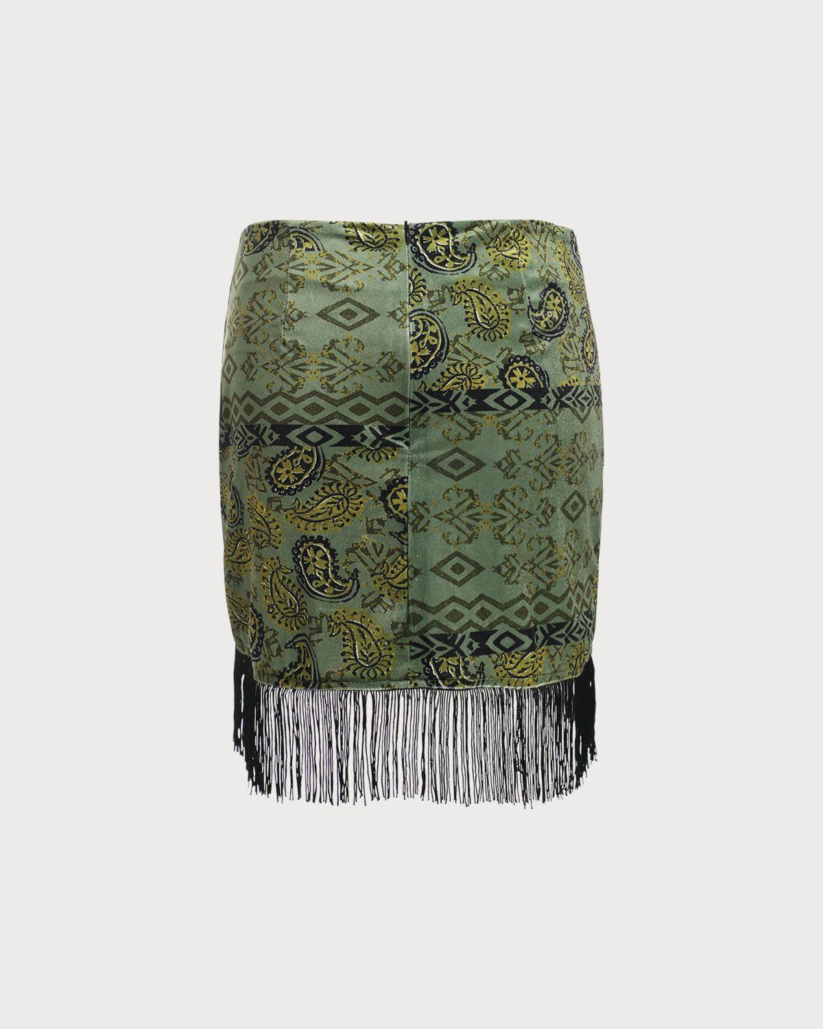 The Green High Waisted Fringe Ruched Mini Skirt sold by rihoas product image thumbnail 7