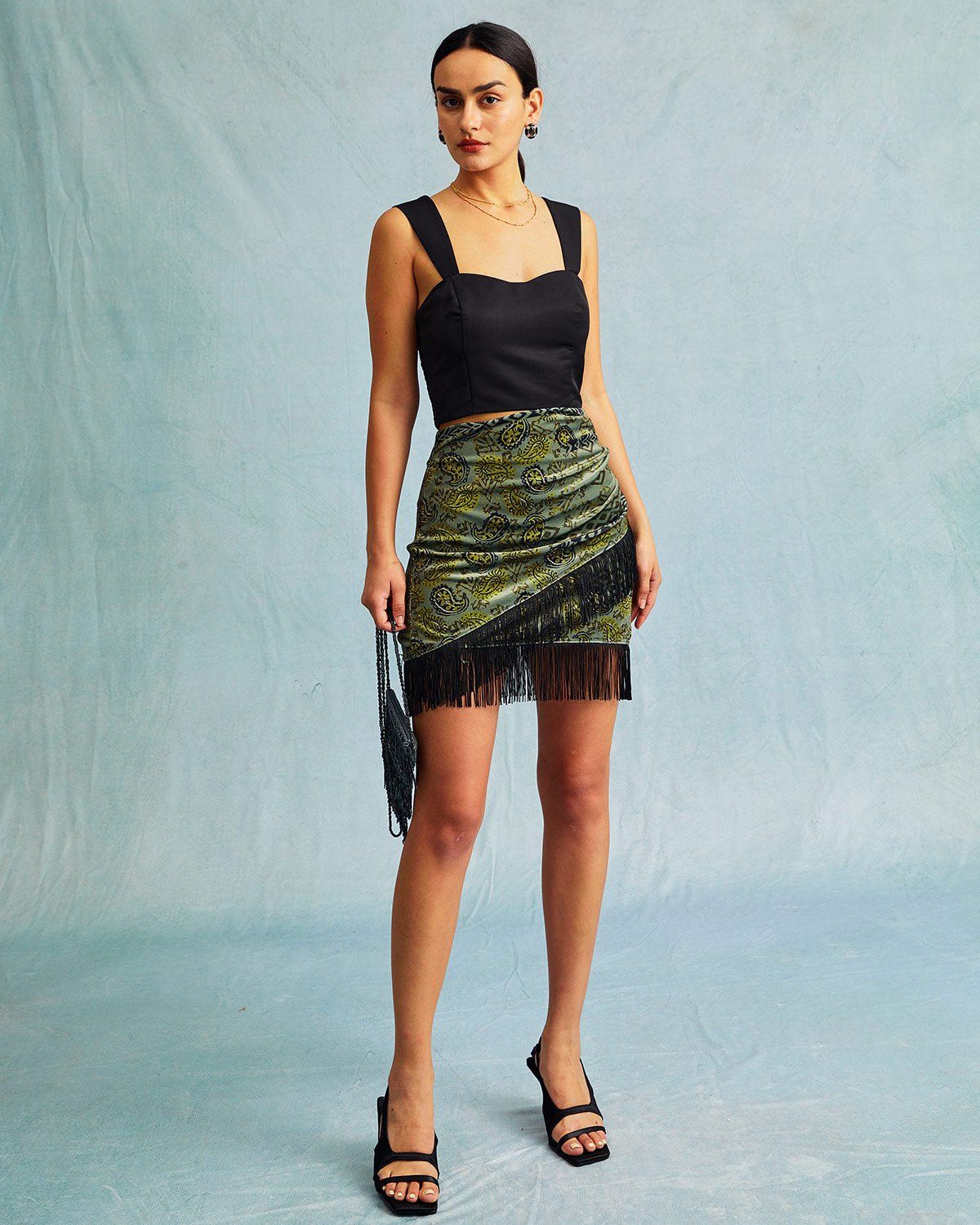 The Green High Waisted Fringe Ruched Mini Skirt sold by rihoas product image thumbnail 4