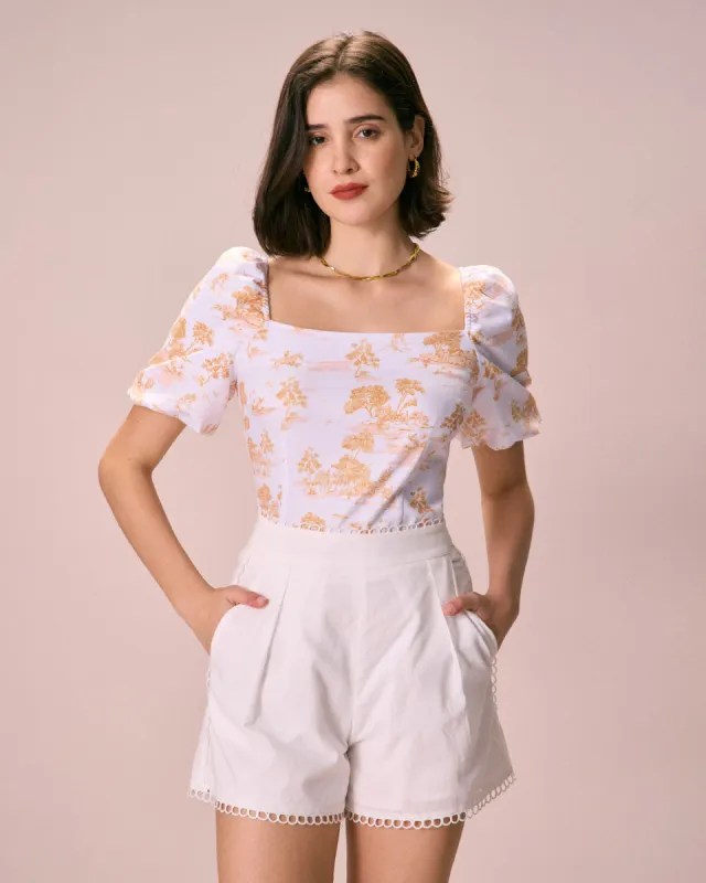 The White Square Neck Floral Puff Sleeve Blouse sold by rihoas