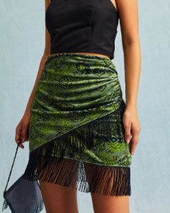 The Green High Waisted Fringe Ruched Mini Skirt sold by rihoas