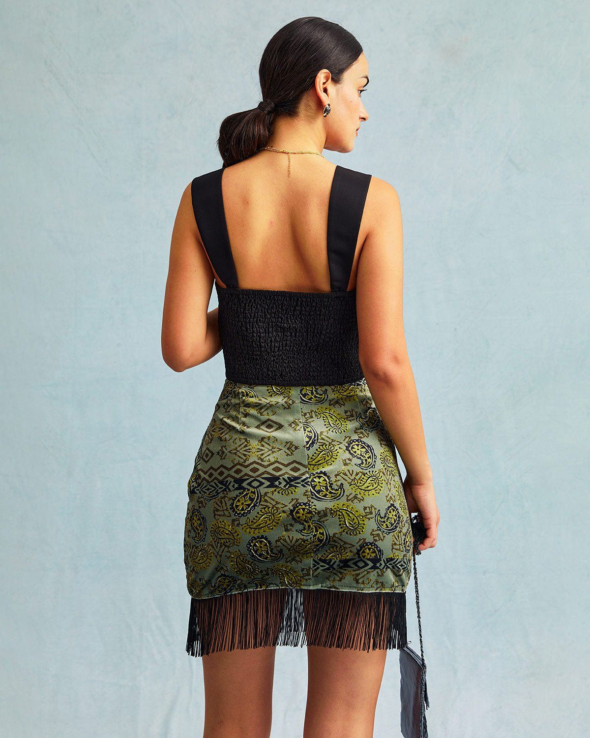 The Green High Waisted Fringe Ruched Mini Skirt sold by rihoas product image thumbnail 5