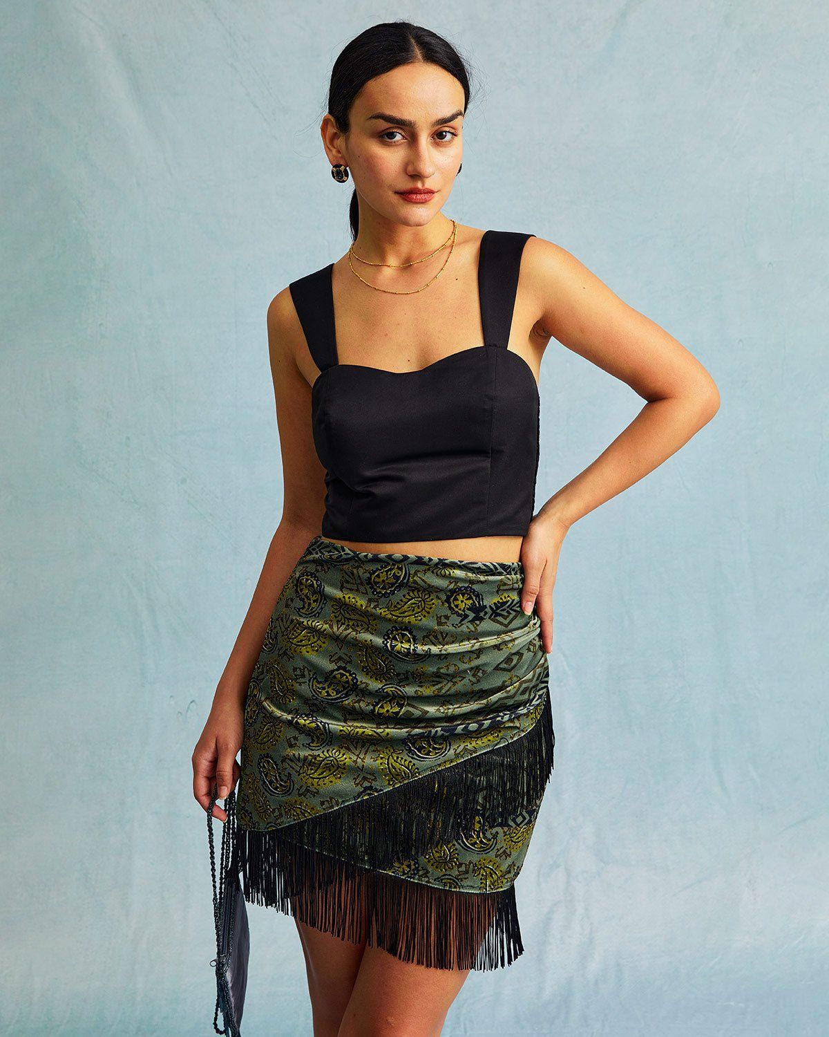 The Green High Waisted Fringe Ruched Mini Skirt sold by rihoas product image thumbnail 2