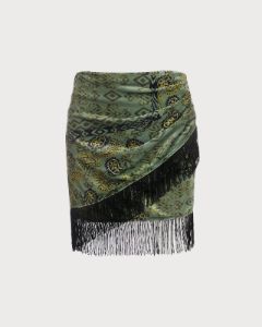 The Green High Waisted Fringe Ruched Mini Skirt sold by rihoas