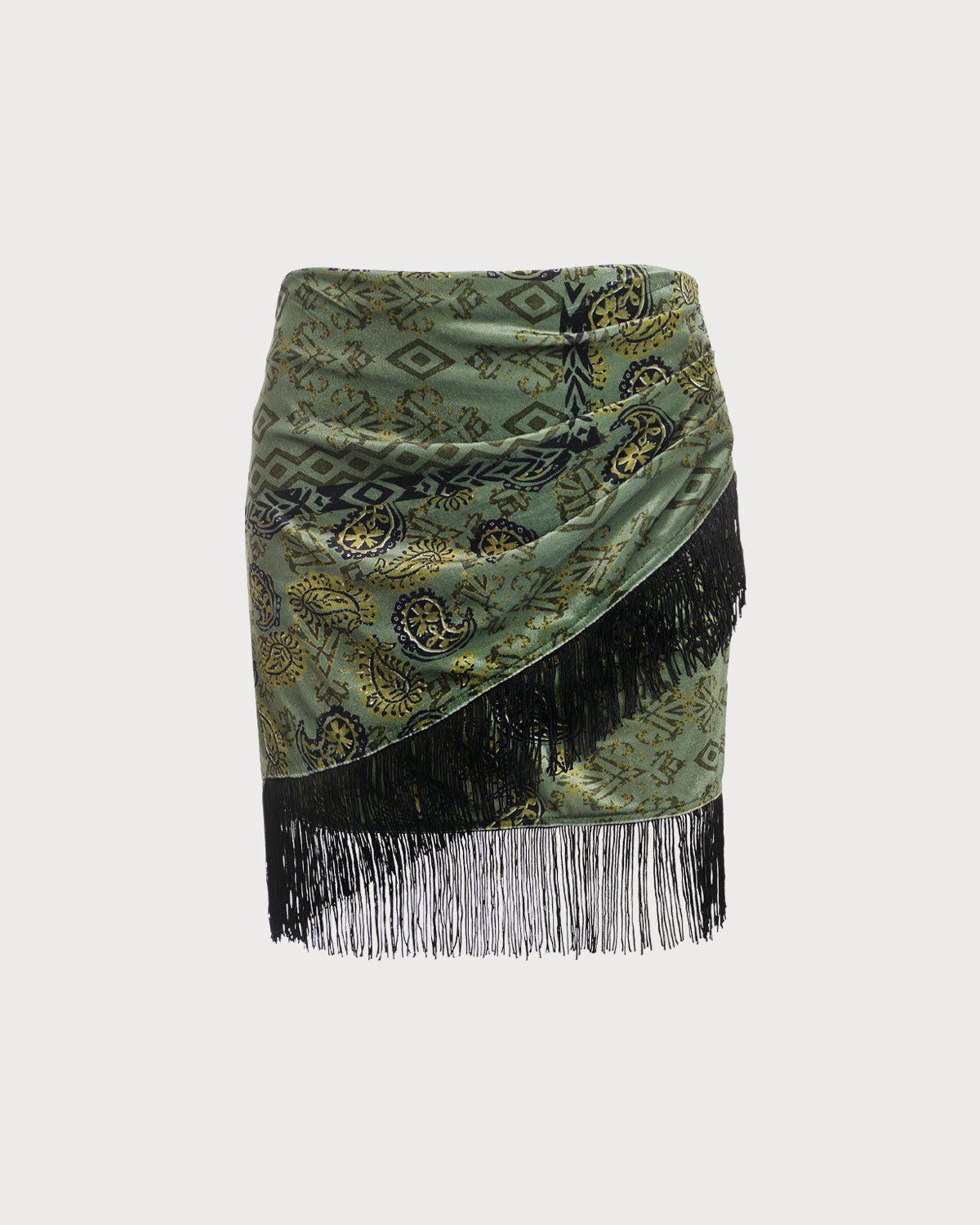 The Green High Waisted Fringe Ruched Mini Skirt sold by rihoas product image thumbnail 6