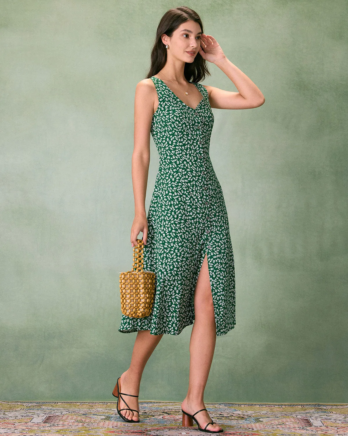 The Green V Neck Floral Button Midi Dress sold by rihoas product image thumbnail 5