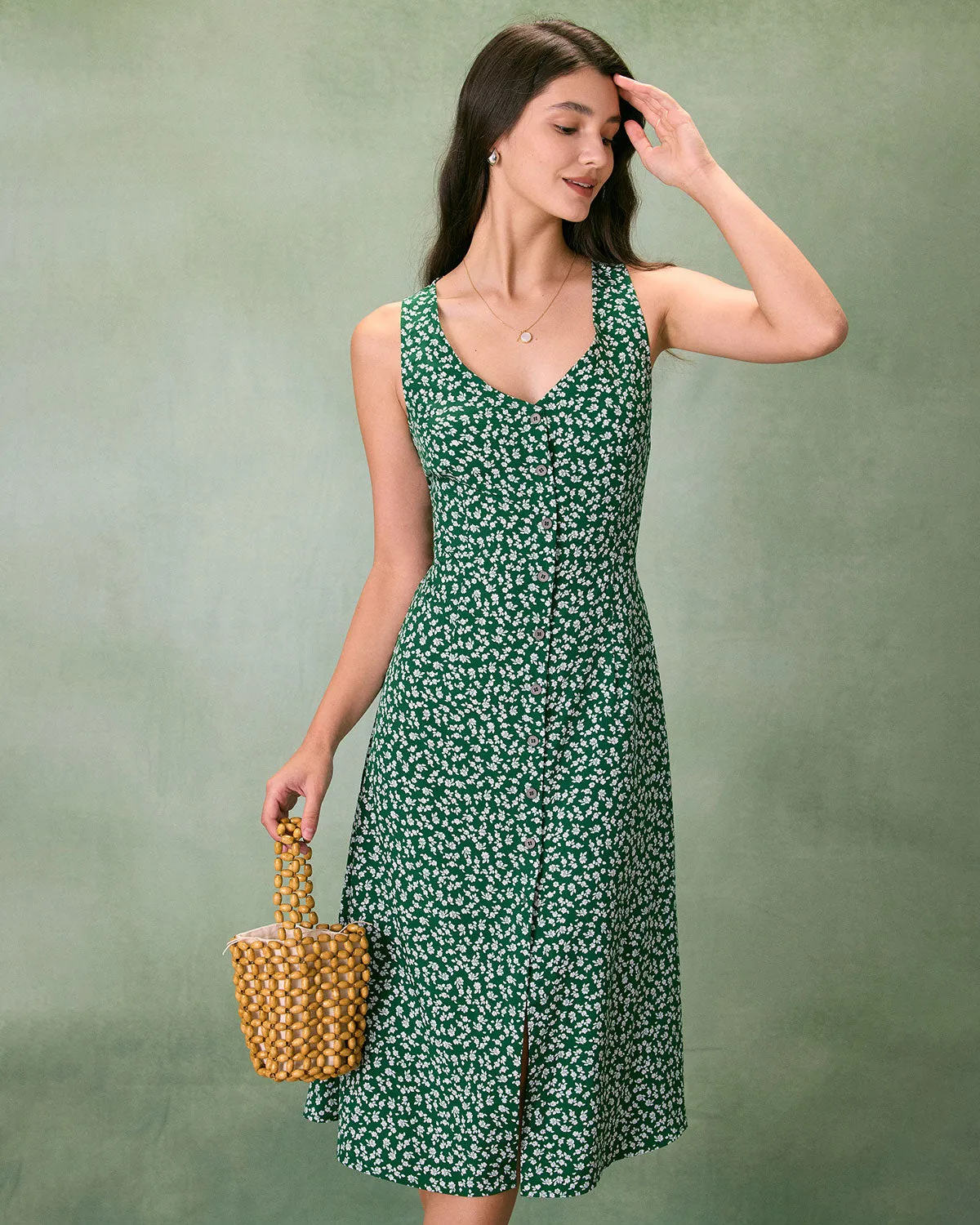 The Green V Neck Floral Button Midi Dress sold by rihoas product image thumbnail 2