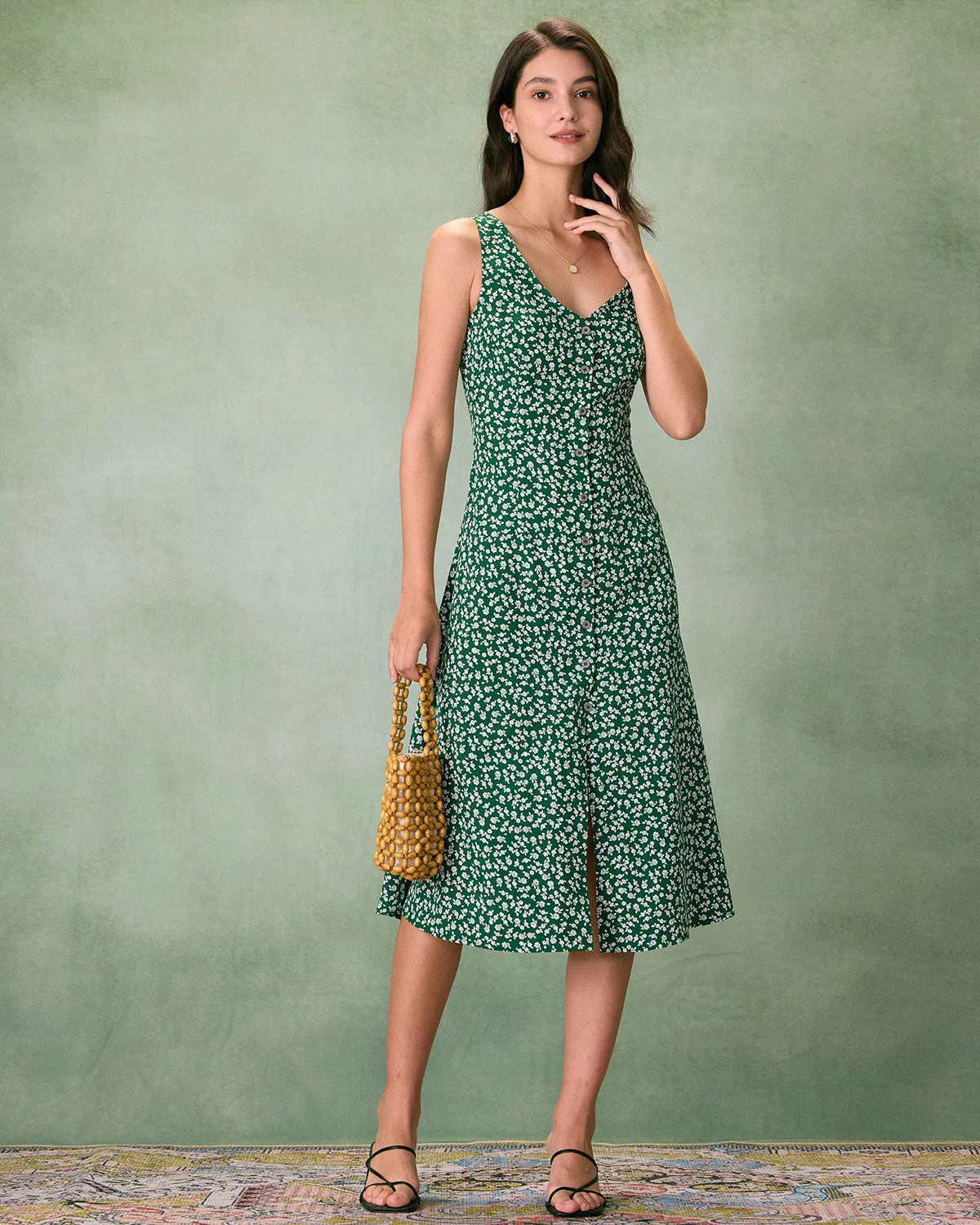 The Green V Neck Floral Button Midi Dress sold by rihoas product image thumbnail 4