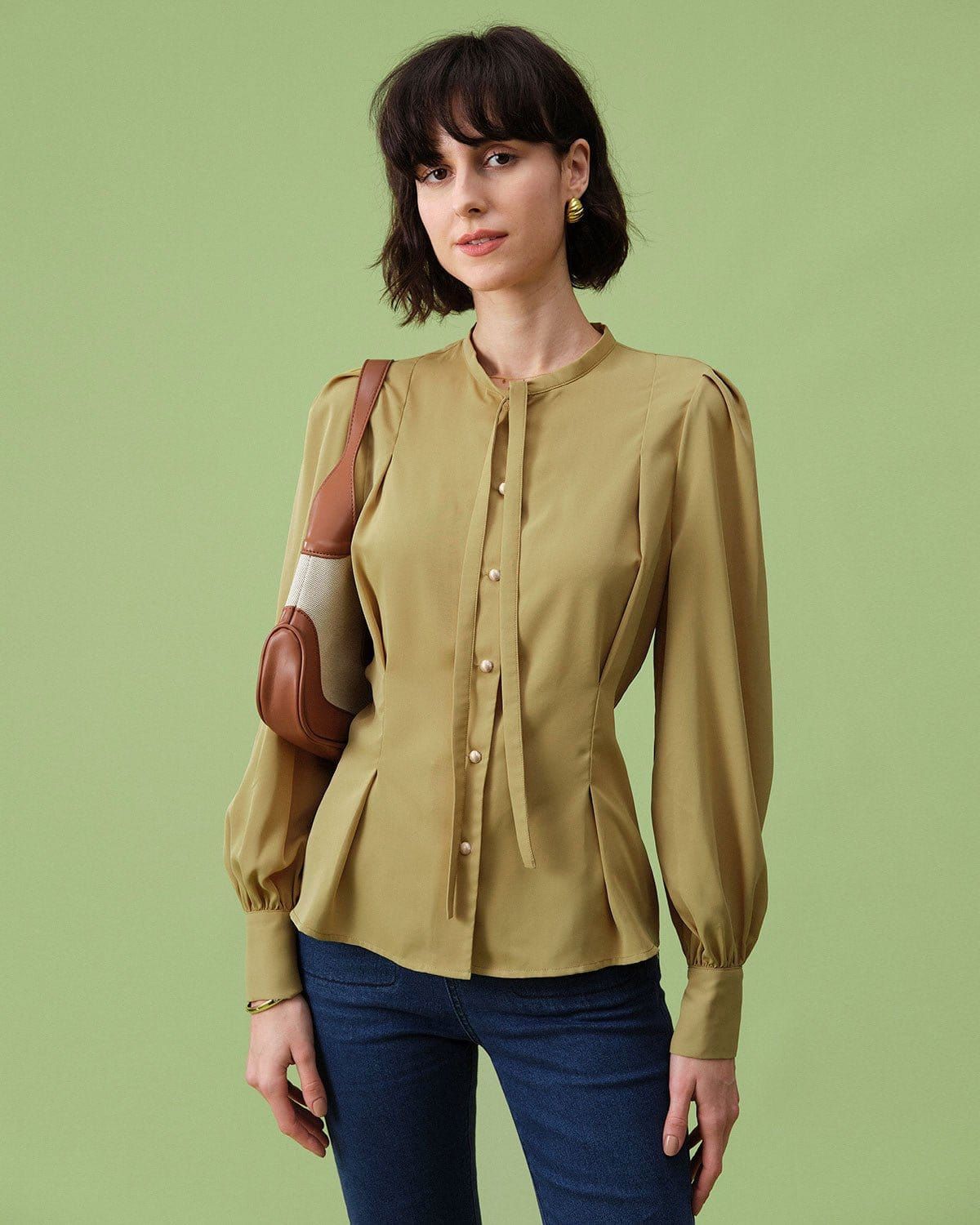 The Yellow Tie Neck Lantern Sleeve Blouse sold by rihoas product image thumbnail 4