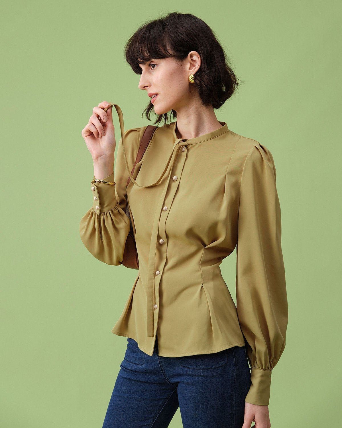 The Yellow Tie Neck Lantern Sleeve Blouse sold by rihoas product image thumbnail 3