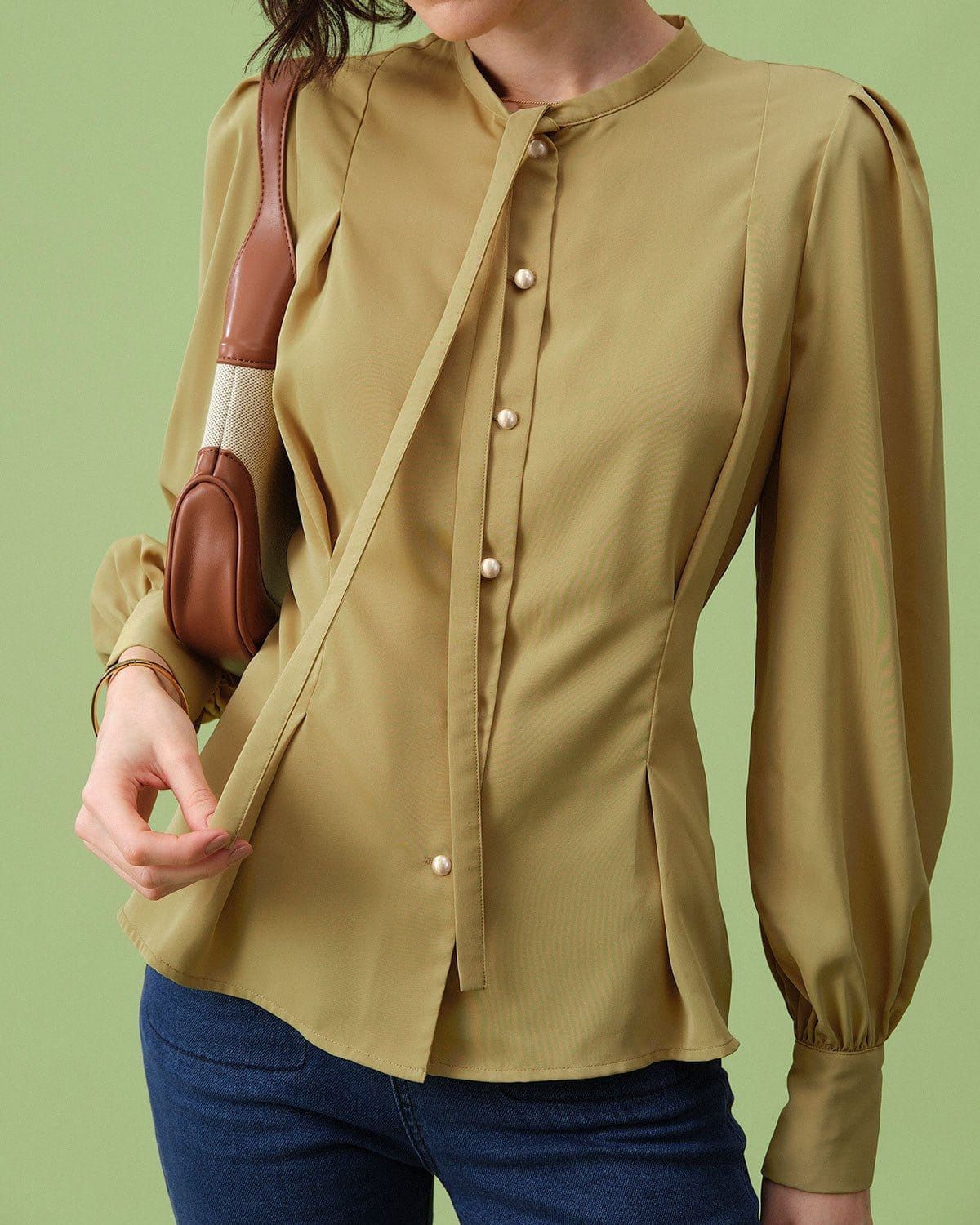 The Yellow Tie Neck Lantern Sleeve Blouse sold by rihoas product image thumbnail 2
