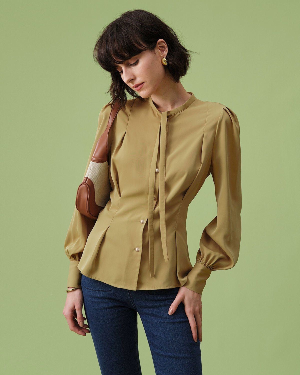 The Yellow Tie Neck Lantern Sleeve Blouse sold by rihoas