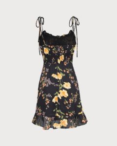 The Black High Waisted Floral Ruffle Mini Dress sold by rihoas