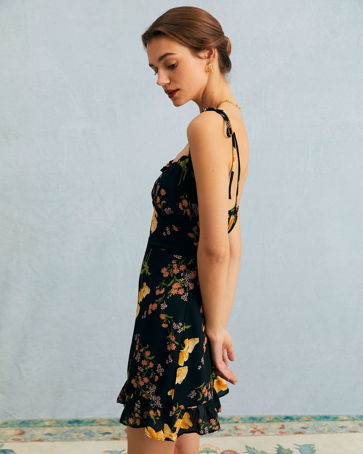 The Black High Waisted Floral Ruffle Mini Dress sold by rihoas product image thumbnail 3