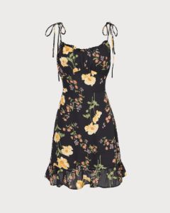 The Black High Waisted Floral Ruffle Mini Dress sold by rihoas