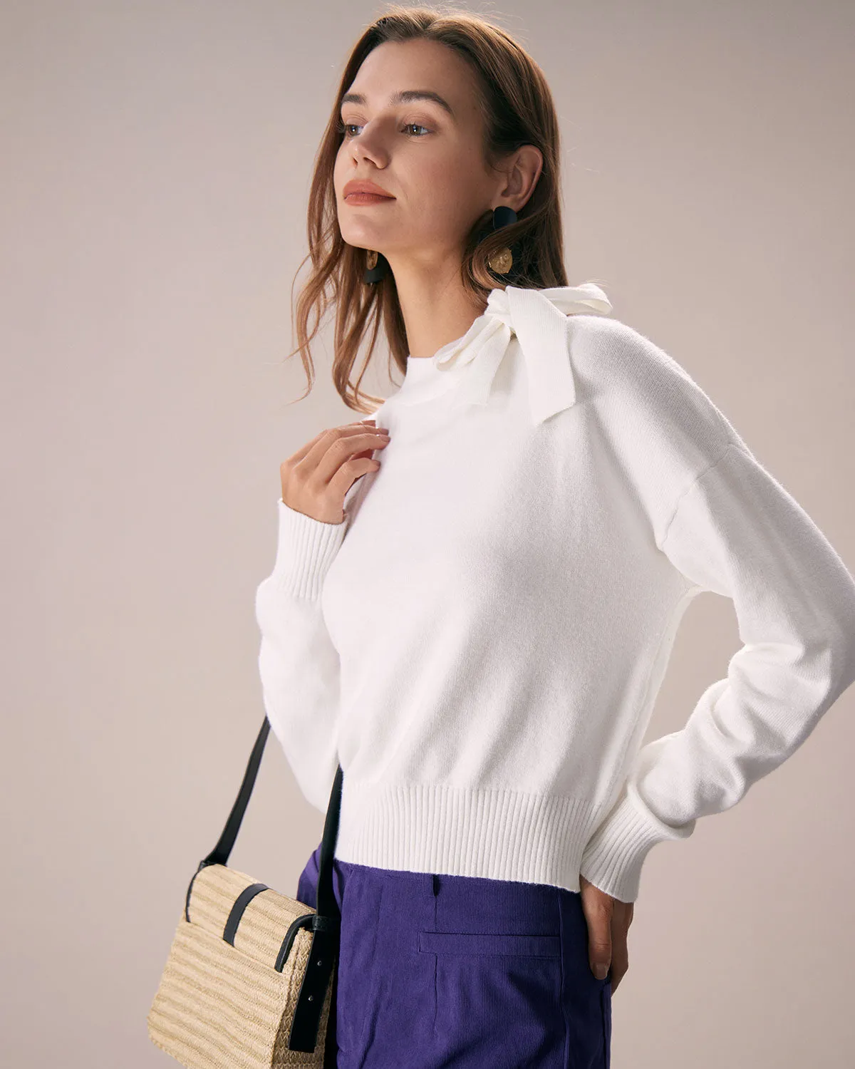The White Mock Neck Tie Ribbed Knit Top sold by rihoas product image thumbnail 3