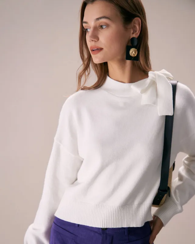 The White Mock Neck Tie Ribbed Knit Top sold by rihoas