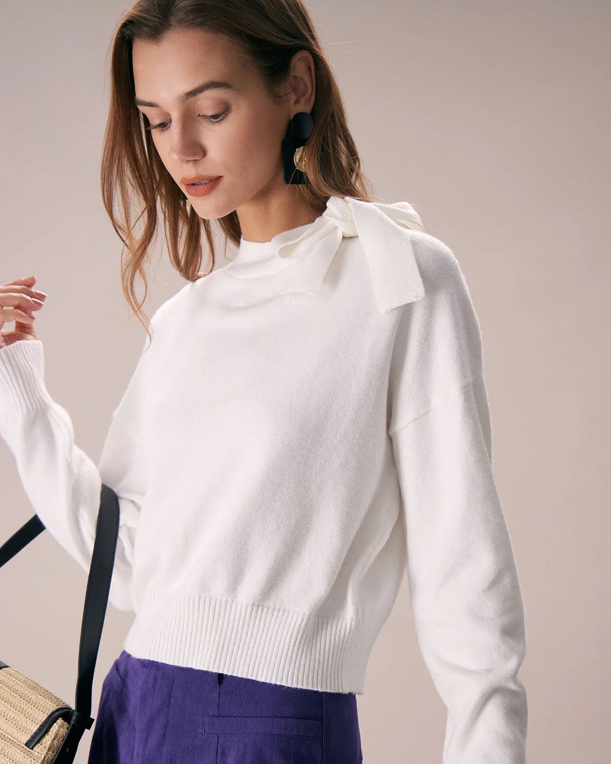 The White Mock Neck Tie Ribbed Knit Top sold by rihoas product image thumbnail 2
