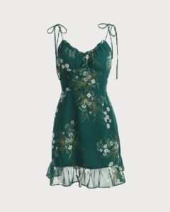 The Green Tie Shoulder Ruffle Floral Mini Dress sold by rihoas