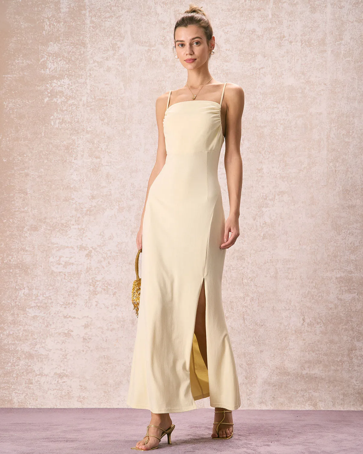 The Yellow Ruched Backless Slip Maxi Dress sold by rihoas product image thumbnail 4